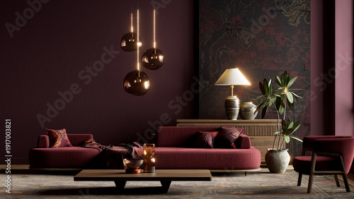 Cinematic dark moody japandi interior showcasing warm burgundy tones, sculptural pendant lights, layered textures and refined modern luxury composition. 3D illustration