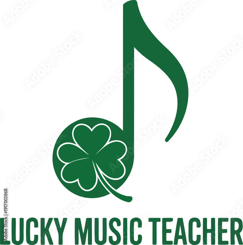 Lucky music teacher logo with musical note and shamrock symbol isolated on transparent background
