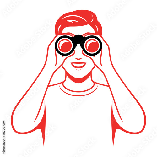 A man with binoculars looking ahead with a curious expression on his face