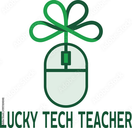 Lucky tech teacher logo with computer mouse and fourleaf clover isolated on transparent background