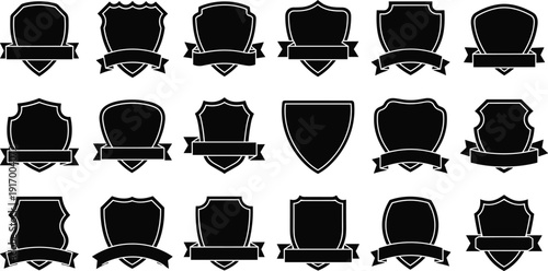 Black vector illustration of shield emblems with ribbons and banners, diverse shapes for logos, badges, awards, decorative design motifs