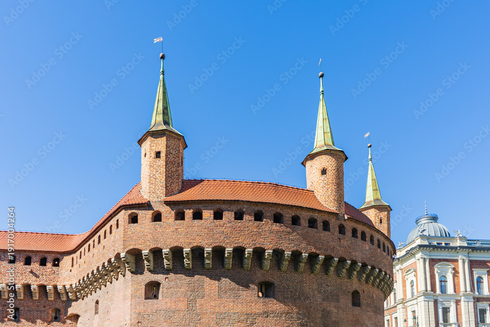 Fototapeta premium Detailed view of historic Barbican fortress, one of best-preserved medieval defensive structures in Europe, Krakow, Poland.