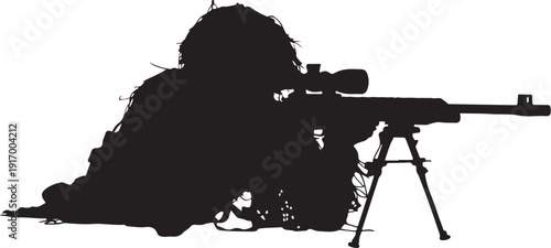 Silhouette of sniper with rifle and scope on tripod