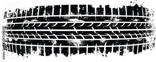 Black vector illustration of tire tread mark with distressed grooves, diagonal smudged texture, rugged automotive traction design motifs