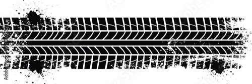 Black vector illustration of tire tread mark with symmetrical angled grooves, splatter effects, distressed automotive traction dynamic design motifs
