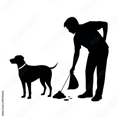 A person picking up dog poop with a poop bag while their dog watches.