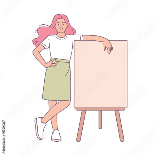 A young woman with pink hair stands confidently next to a blank canvas on an easel.