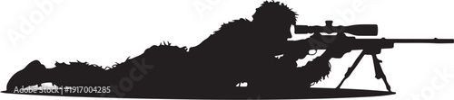 Silhouette of sniper with rifle lying prone on ground 1