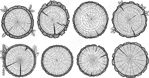 Vector illustration of tree cross-sections with concentric growth rings, bark textures, cracks, dendrochronology samples, forestry environmental science motifs