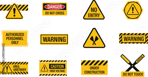 Yellow black vector illustration of warning caution signs with danger symbols, restricted access, construction zone safety security design motifs