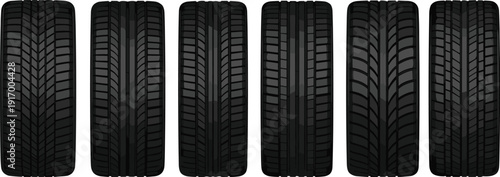 Black vector illustration of car tires with distinct tread patterns showing grooves, traction, water dispersion, performance driving safety design motifs