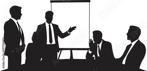 Silhouettes of men in business suits presenting and discussing around a table