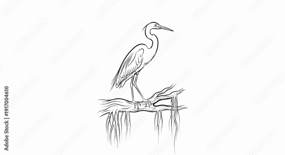 Obraz premium A bird with long legs and neck stands on a branch, sketch style