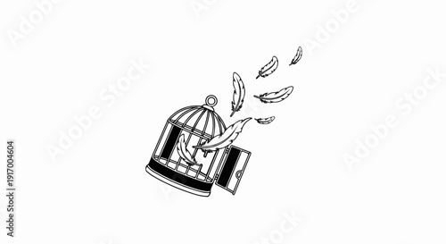 A birdcage with its door open, and feathers floating out