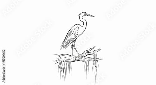 A bird with long legs and neck stands on a branch, sketch style
