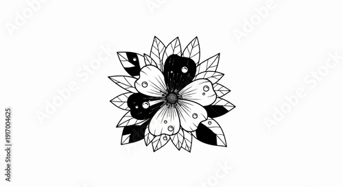 A black and white artistic rendering of a flower with dew drops
