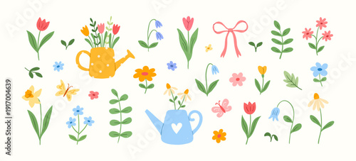Spring flower set with watering cans and flowers