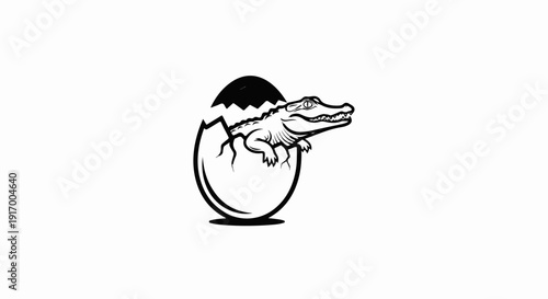 A black and white drawing of a baby alligator hatching from an egg