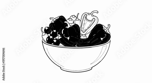 A black and white drawing of a bowl overflowing with various peppers and small round vegetables