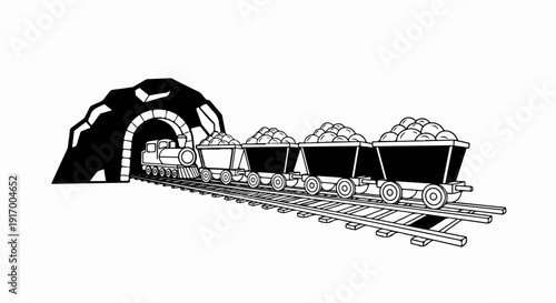 A black and white cartoon of a train emerging from a tunnel with loaded coal cars