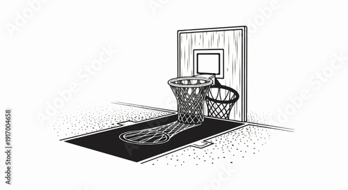 A black and white drawing of a basketball hoop and backboard