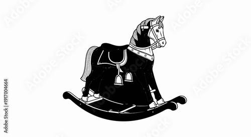 A black and white drawing of a classic wooden rocking horse with a saddle