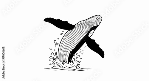A black and white drawing of a breaching whale in stylized water