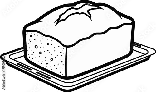 A black and white drawing of a loaf of bread on a tray