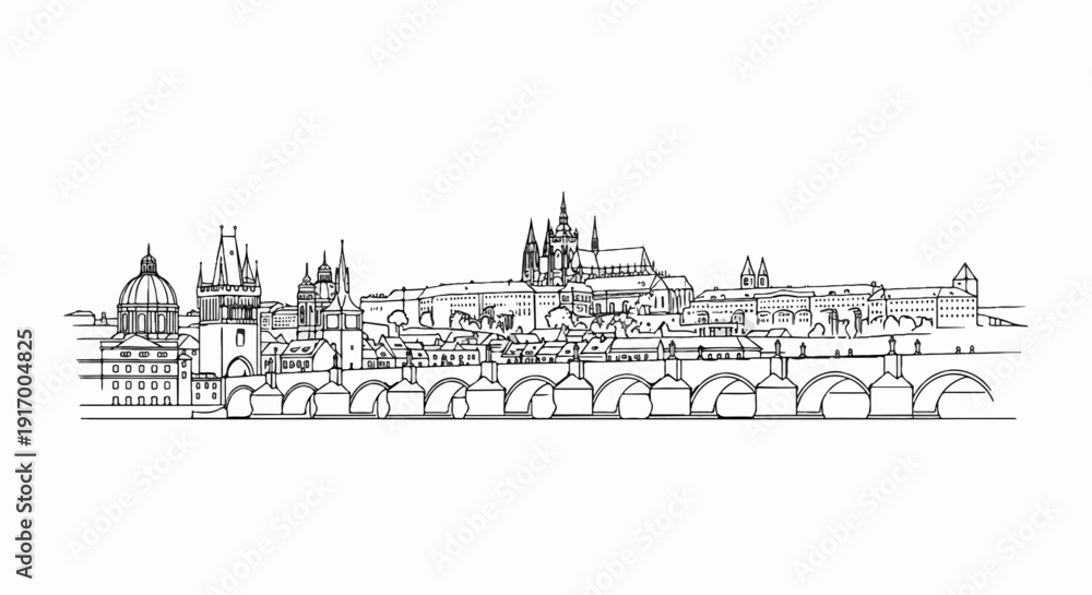 Fototapeta premium A black and white ink sketch of a city skyline with a large bridge and many buildings