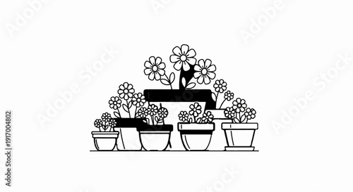 A black and white illustration of several potted flowers arranged in rows