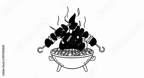 A black and white illustration of skewered food cooking over a grill