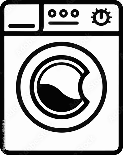 A black and white icon of a front-loading washing machine with a round door