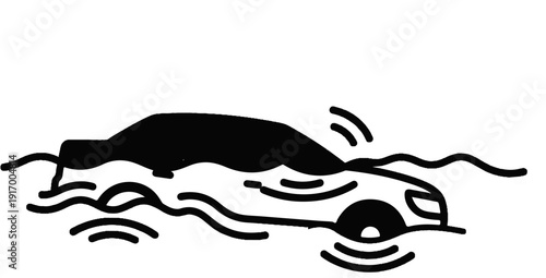 A black and white illustration depicts a car submerged in water with wavy lines representing the water's surface