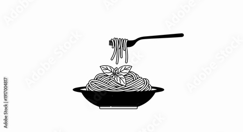 A black and white illustration of spaghetti being lifted from a bowl by a fork