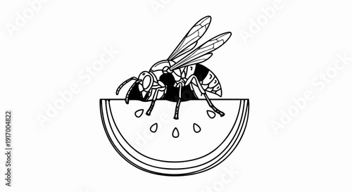 A black and white illustration depicts a wasp perched on a slice of watermelon