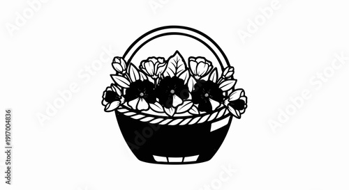 A black and white illustration of a basket overflowing with flowers and leaves