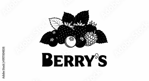 A black and white illustration of various berries with leaves and text below