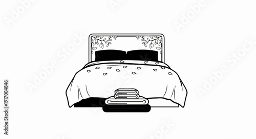 A black and white illustration of a bed with floral headboard and stacked linens