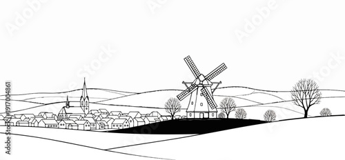 A black and white line drawing depicts a village with a church and windmill on rolling hills