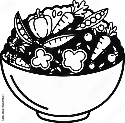 A black and white line drawing of a bountiful bowl filled with fresh vegetables