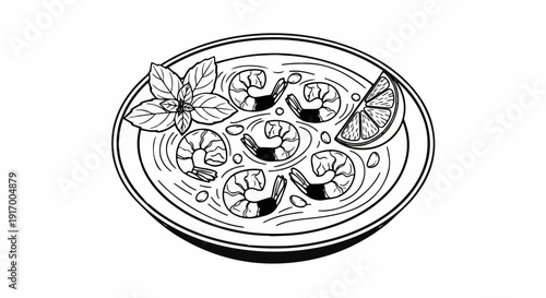 A black and white illustration of a bowl of shrimp with basil and lemon