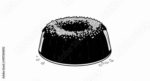 A black and white illustration of a bundt cake with frosting and sprinkles