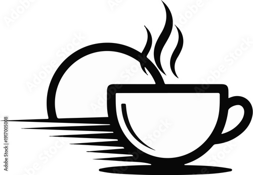 A black and white illustration of a coffee cup with steam, beside a rising sun