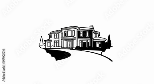 A black and white line drawing of a large, multi-story house with a driveway