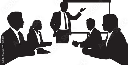 Silhouettes of people in a business meeting with a presenter