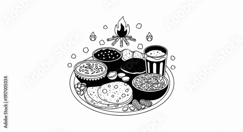 A black and white illustration of a diverse platter of food with a campfire