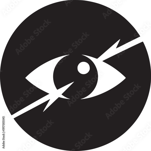A graphic design of a white eye pierced by two arrows inside of a black circle on a white background