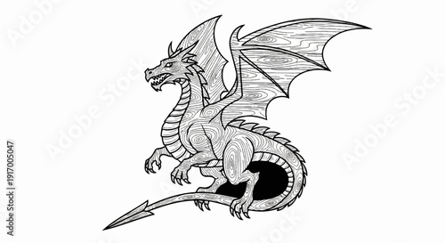 A black and white illustration of a dragon with wood grain texture
