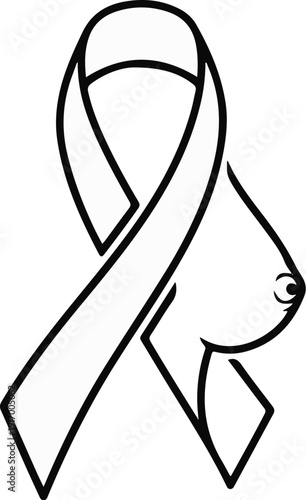 A black and white line drawing of a ribbon shaped like a breast with a nipple