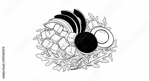 A black and white line drawing of a salad with avocado, croutons, and an egg